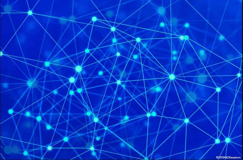 Blockchain and artificial intelligence in dark blue background